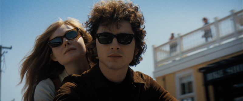Timothee Chalamet and Elle Fanning in "A Complete Unknown"